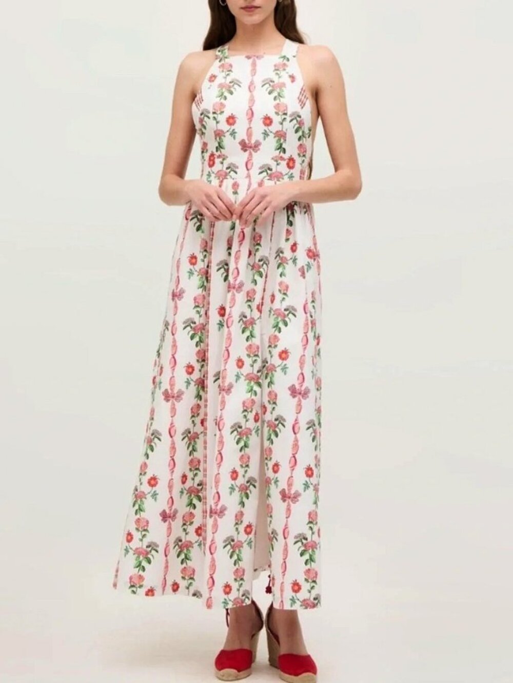 New Hill House Addie 100% Cotton Cross-Strap Maxi Dress Red Shell Vine XS